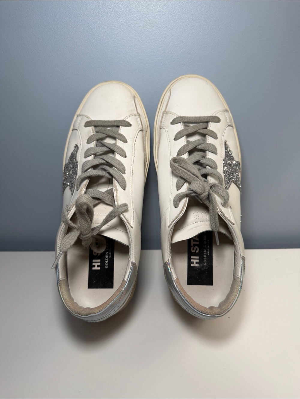 Golden Goose White Leather Hi Star Sneaker with Silver Glitter Star 38 - Picture 10 of 15